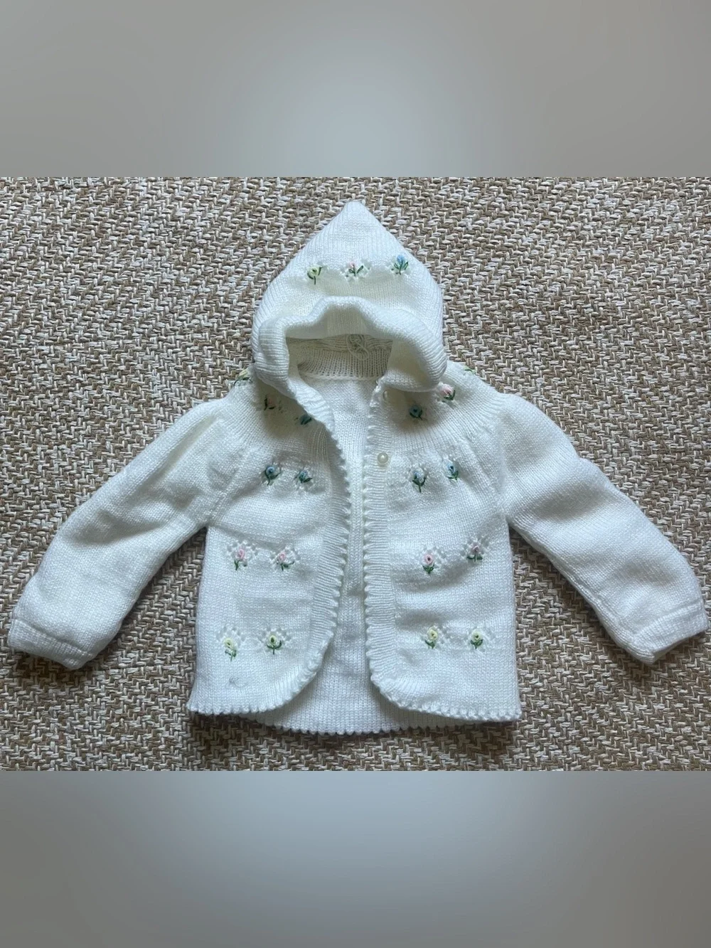 Vintage White Hand-Knit Baby Cardigan Sweater Pixie Hood Floral Embroidery